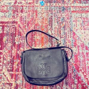 Tory Burch Harper Messenger Bag Purse Crossbody Black Pebble Leather Convertible